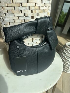 BCBG Black Pebbled Leather Mini Knot-Top Hobo